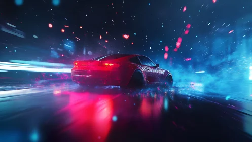 Sports car moves through neon-lit wet roadway at night
