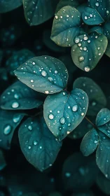 Close-up of dark green leaves with surface water droplets.