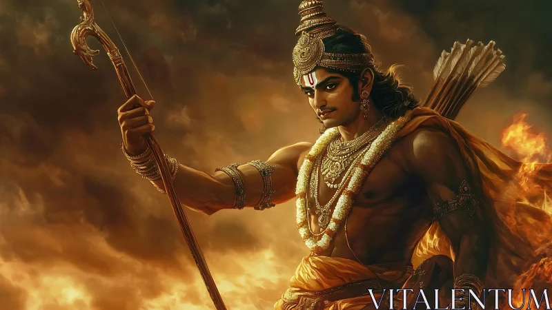 Mythic warrior archer amid clouds and surrounding fire.