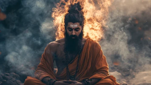 Mystic bearded yogi in orange robes amid swirling fire.