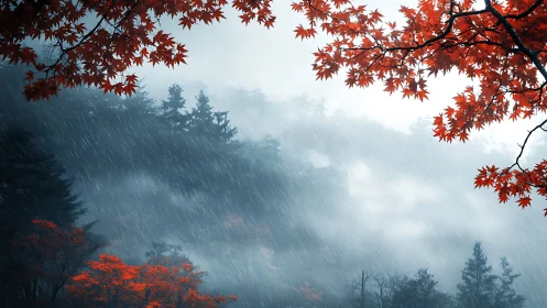 Red maple foliage frames misty forest in steady rainfall