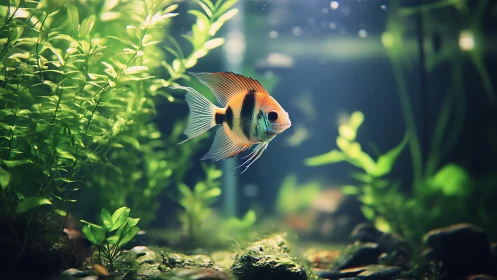 Angelfish glides like a tiny comet through lush green water