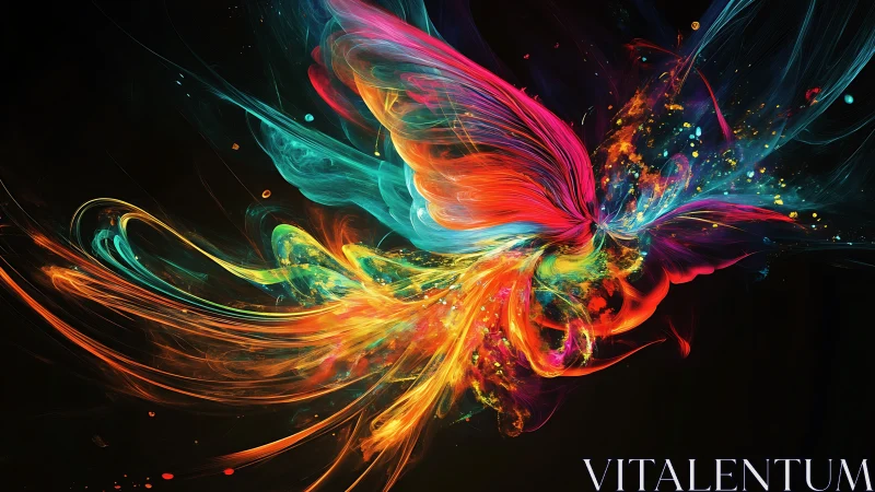 Prismatic phoenix burst swirling from the cosmic dark.