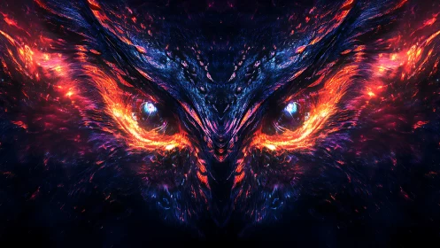 Fractal plasma owl visage with bilateral chromatic turbulence.