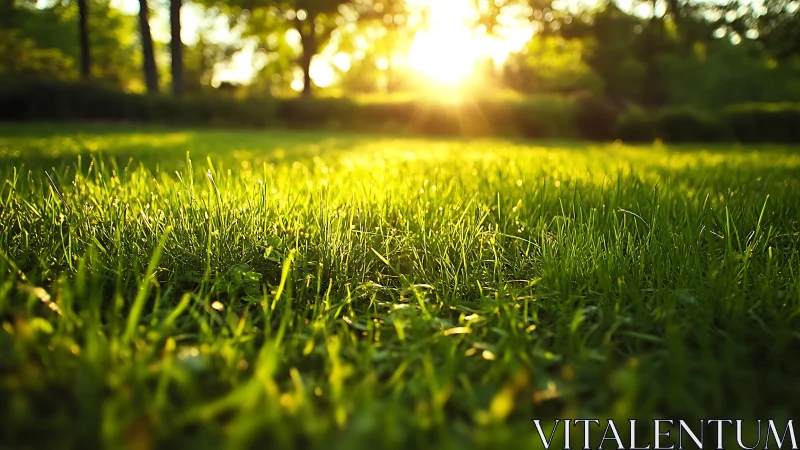 Sunlit grassy field at sunrise with warm natural tones.