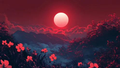 Red moon over dark mountains and glowing wildflower valley.