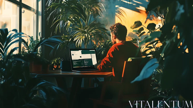 Remote worker surrounded by lush indoor plants at desk.