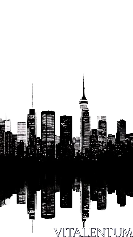 Minimalist city skyline silhouette reflects across still water