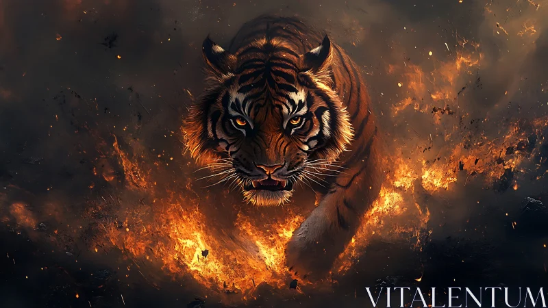Digital painting of a firelit tiger in dynamic frontal charge.