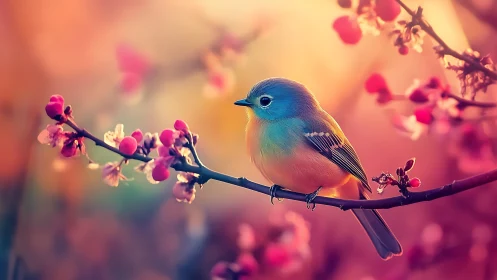 Colorful songbird on blossom branch in dreamy soft focus style.