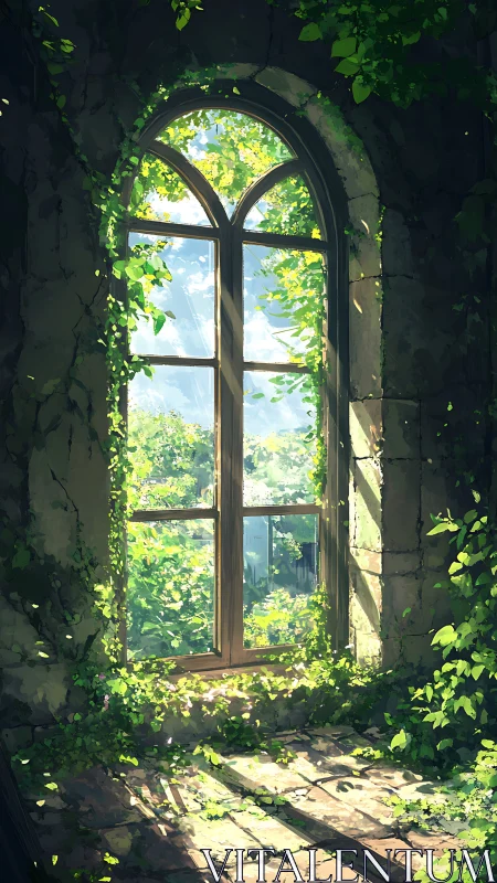 Digital painting of ivy-framed arched window in ruined interior.