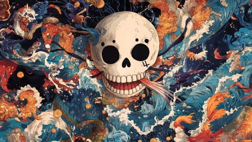 Skull in swirling cosmic waves of koi, chaos, and color.