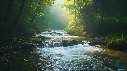 Sunlit forest stream whispering through emerald hush.