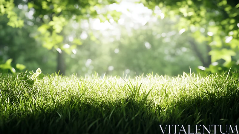 Sunlit green grass with soft bokeh forest background.