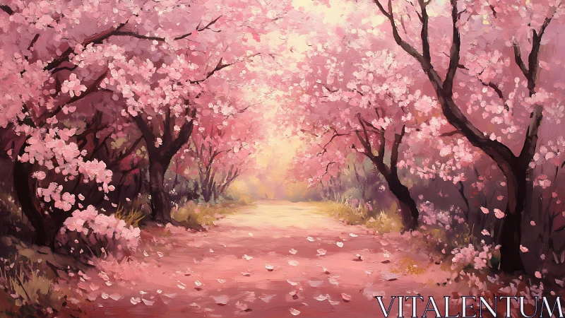 Cherry blossom trees line a softly lit forest pathway