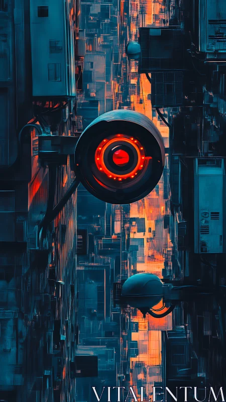 Surveillance optics dominate a neon-saturated cybernetic alleyway