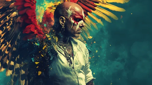 Winged warrior portrait with bold tribal face paint.