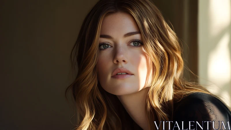 Calm young woman in soft window light portrait scene.