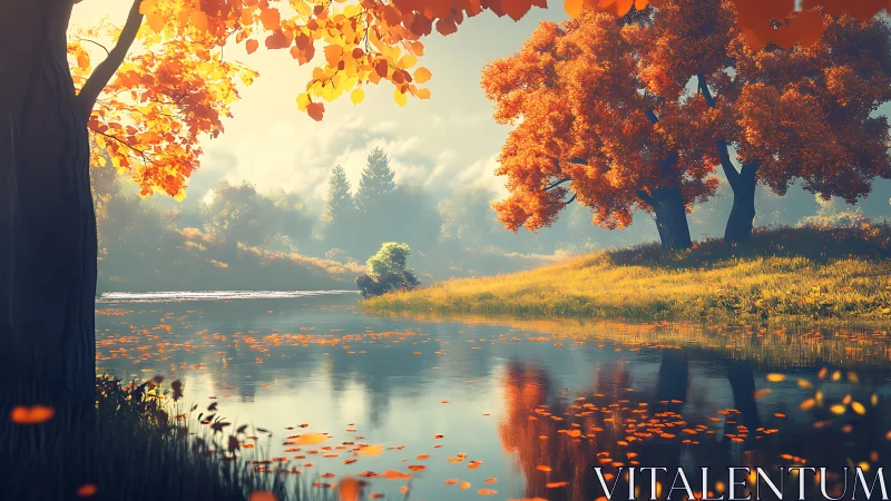 High-saturation autumn riverside landscape with reflective calm water