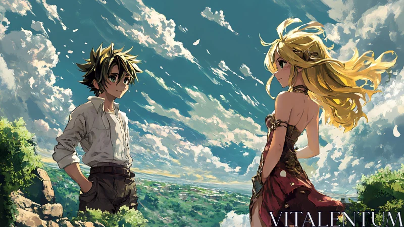 Sunlit anime duo overlooking vast emerald valley panorama.