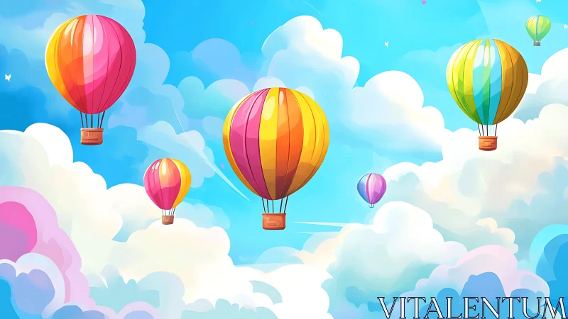 Colorful hot air balloons drift through bright cartoon sky.