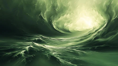 Luminous green storm sea swirling toward a distant light.
