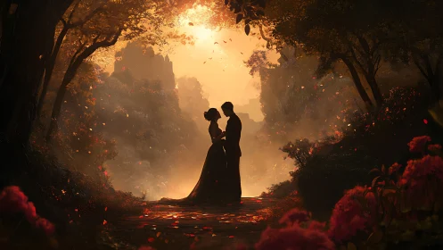 Couple Embracing in Luminous Forest Cathedral