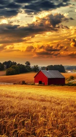 Golden wheat field and red barn under dramatic sunset sky.