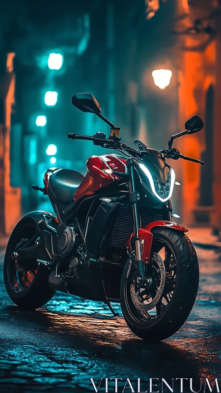 Red street motorcycle under neon city night lights.