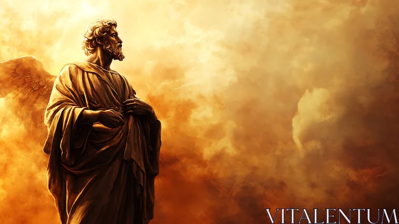 Winged angel statue against dramatic golden clouds.