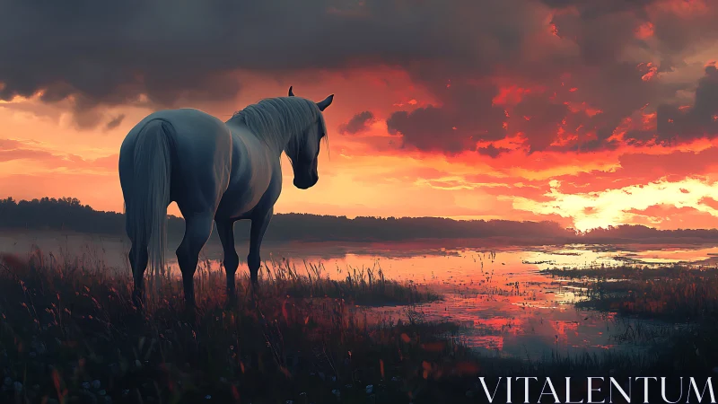 Gentle white horse resting by a glowing sunset marsh.