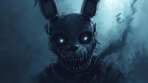 Dark anthropomorphic rabbit figure with glowing eyes in fog
