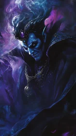 Dark sorcerer emerges from swirling violet shadow mist