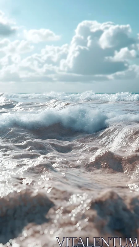 Sunlit ocean swells under towering cotton clouds.