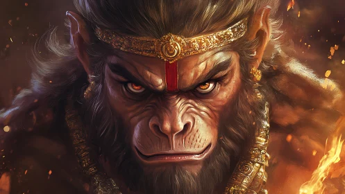 Mythic warrior ape glows amid burning embers and gold
