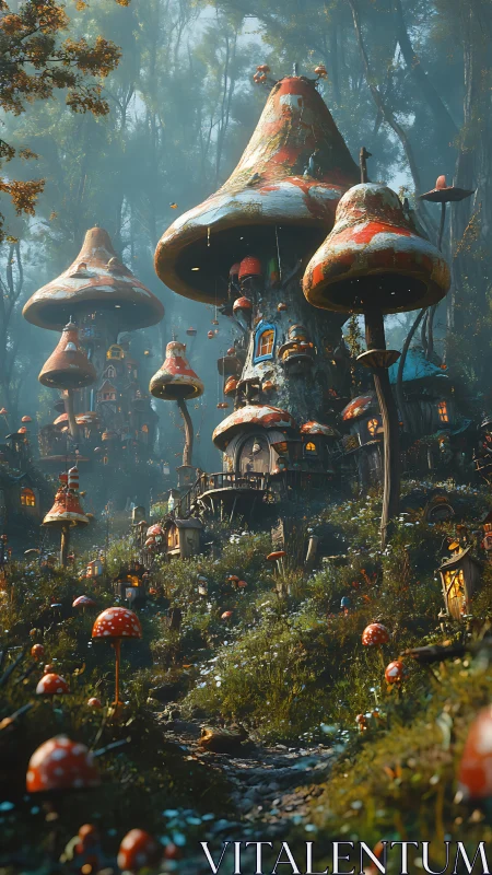 Whimsical mushroom village glowing in a misty forest twilight.
