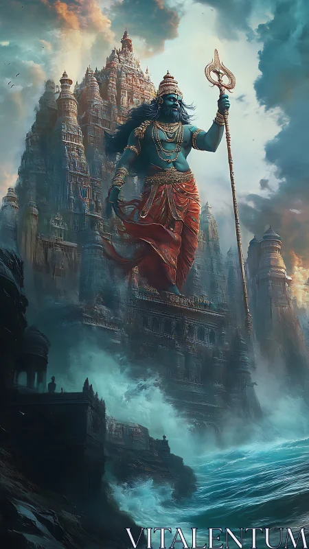 Colossal blue deity strides before storm-lashed temple city