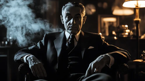 A stern gentleman commands a smoky, vintage-lit study