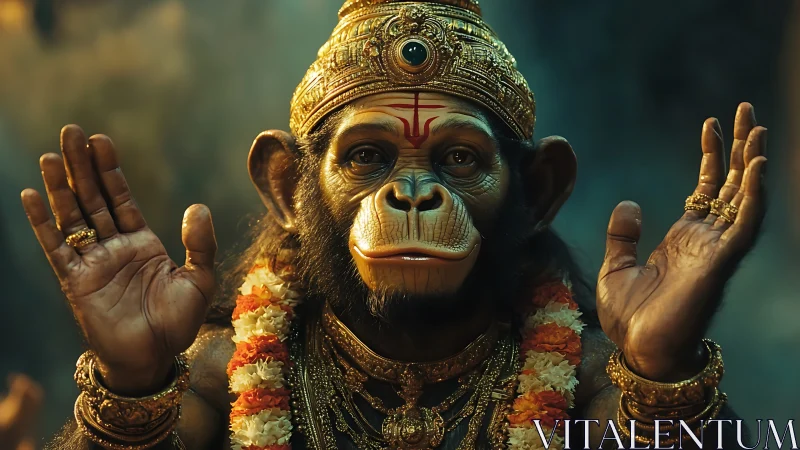 Regal monkey deity portrait in ornate ceremonial finery.