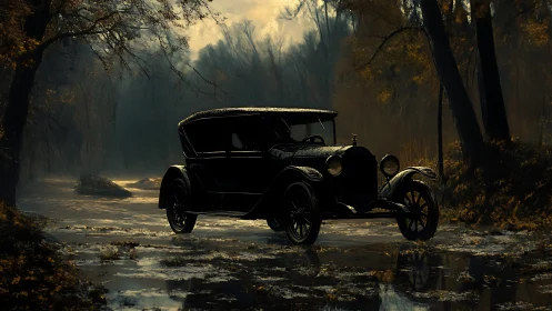 Vintage black car parked on wet forest road at dusk.