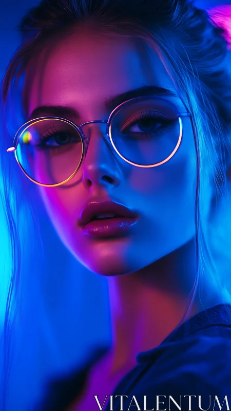 Neon-lit portrait highlights reflective round glasses glow.