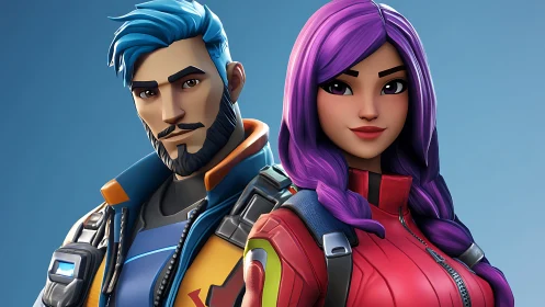 Stylized sci fi duo with neon hair in bold armor.