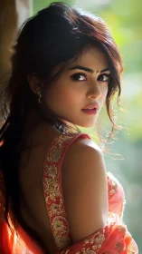 Portrait of woman in embroidered saree, soft natural light