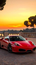 Photorealistic red supercar at sunset on cobbled terrace.