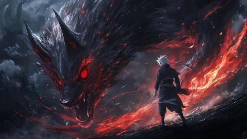 Swordsman confronts colossal flaming demon wolf in storm