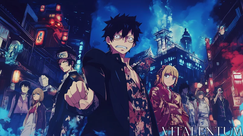 Urban nightscape frames high-contrast anime ensemble in dynamic standoff