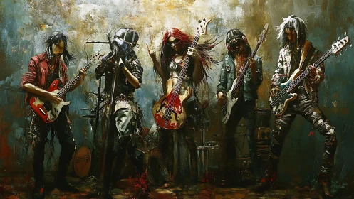 Grungy rock band performing in expressive digital painting.