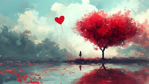 Solitary figure contemplating red tree and suspended heart symbol.