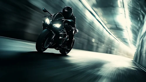 Midnight rider leans into speed and light in a glowing tunnel
