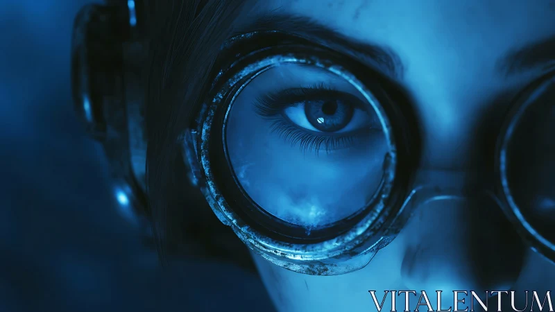 Monochrome cyan closeup of goggled cyber-optical observer.